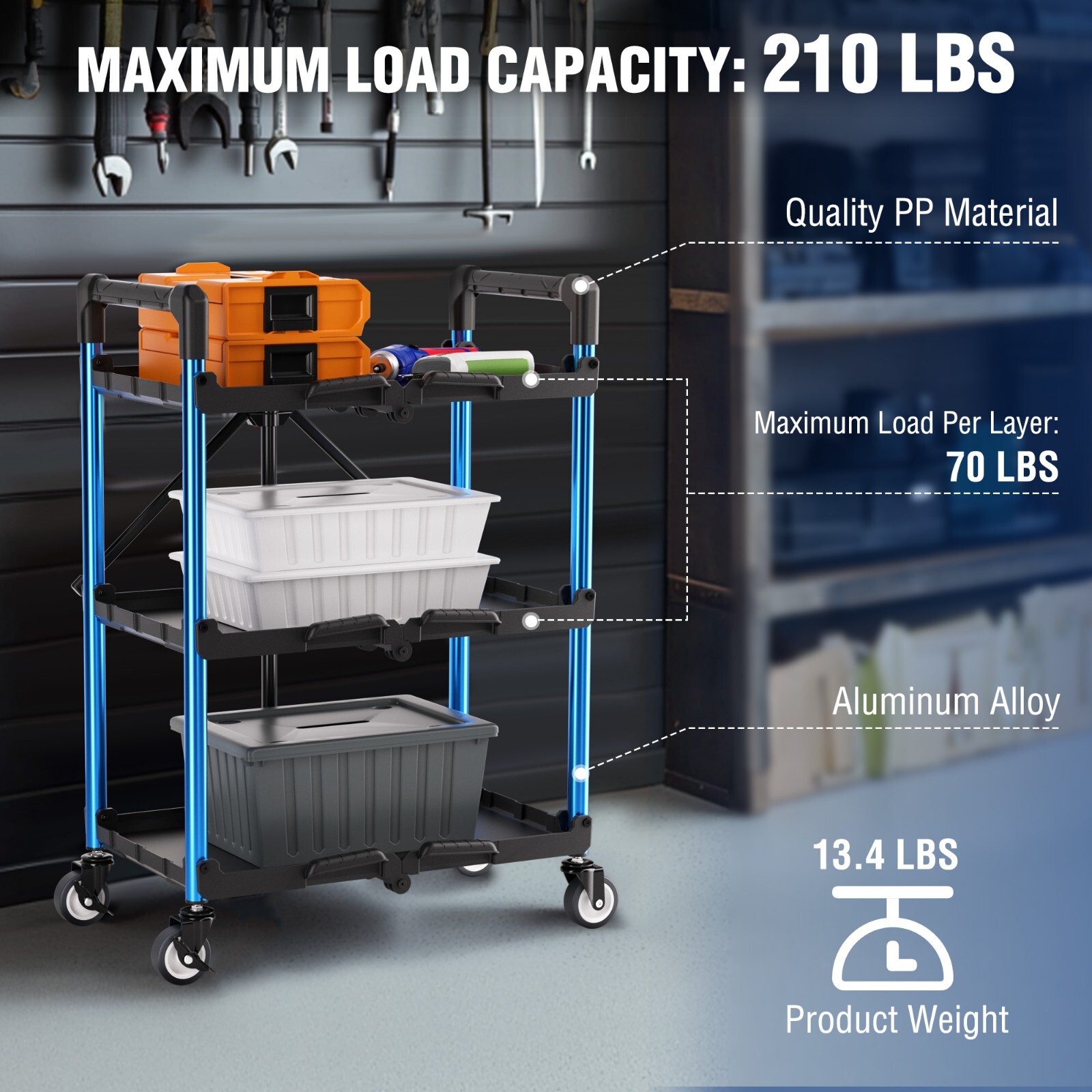 3-Tier Collapsible Service Cart 210 LBS Foldable w/Wheels (No Assembly Required)