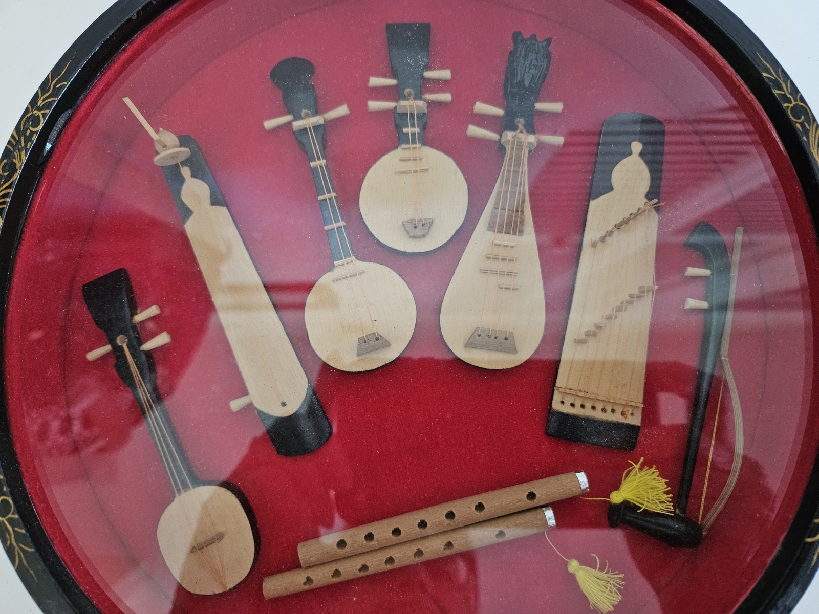 Chinese Mini Vtg Musical Instruments Wooden Show Case Display Mother of Pearl