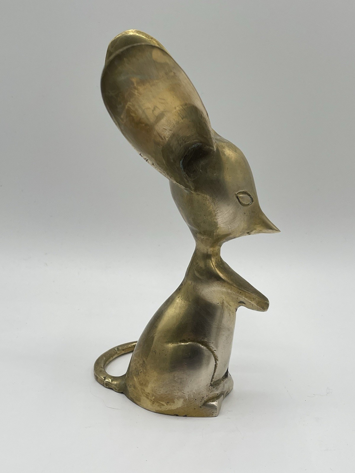 VTG Pair Of Big Eared Long Tail Whimsical Mouse 5”/ 7” Solid Brass MCM Decor