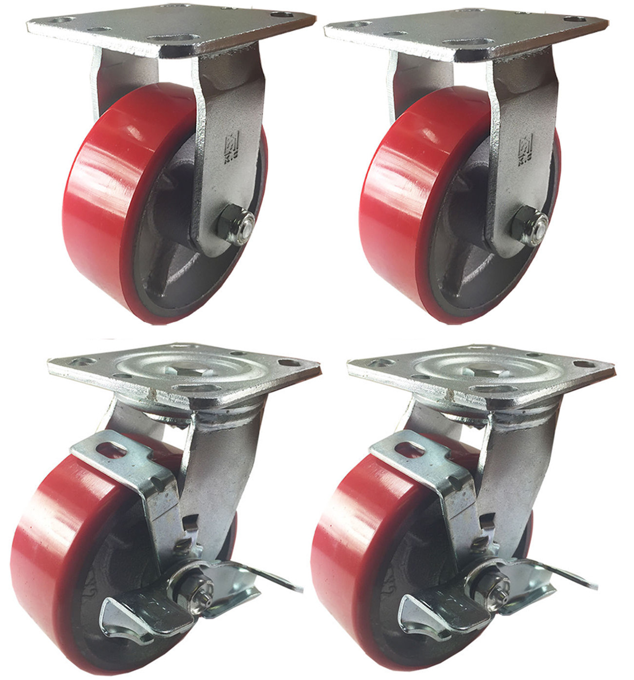 4 Heavy Duty Caster Set 4" 5" 6" Polyurethane on Cast Iron Wheels No Mark Red
