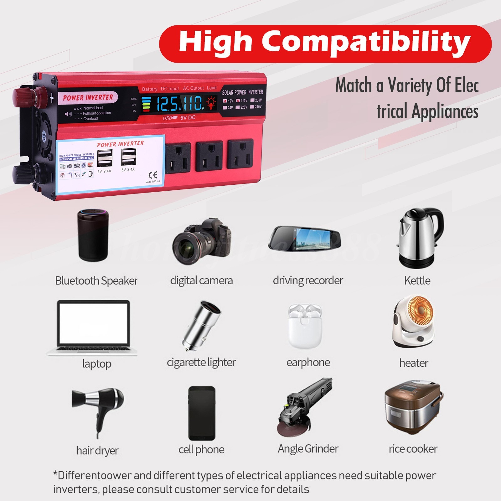 Pure Sine Wave Solar Converter 5000W Car Power Inverter DC 12V To AC 110V 4 USB