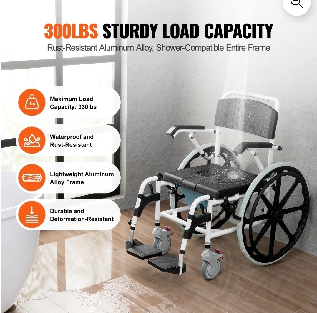 Shower Wheelchair, 17.5in Width Aluminum Alloy Bathroom Wheelchair for Ins