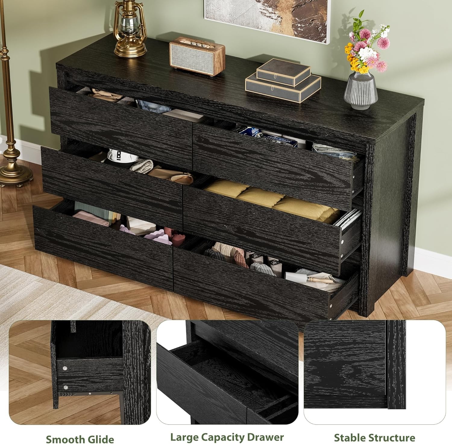 6 Drawers Dresser for Bedroom,Wide Wood Chest of Drawers Handle Free,Black