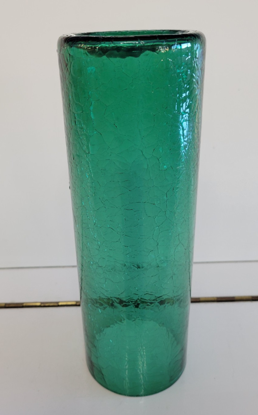 DEEP EMERALD GREEN CRACKLE GLASS CYLINDER VASE 9.75 INCHES DIAMETER 3.25 INCHES
