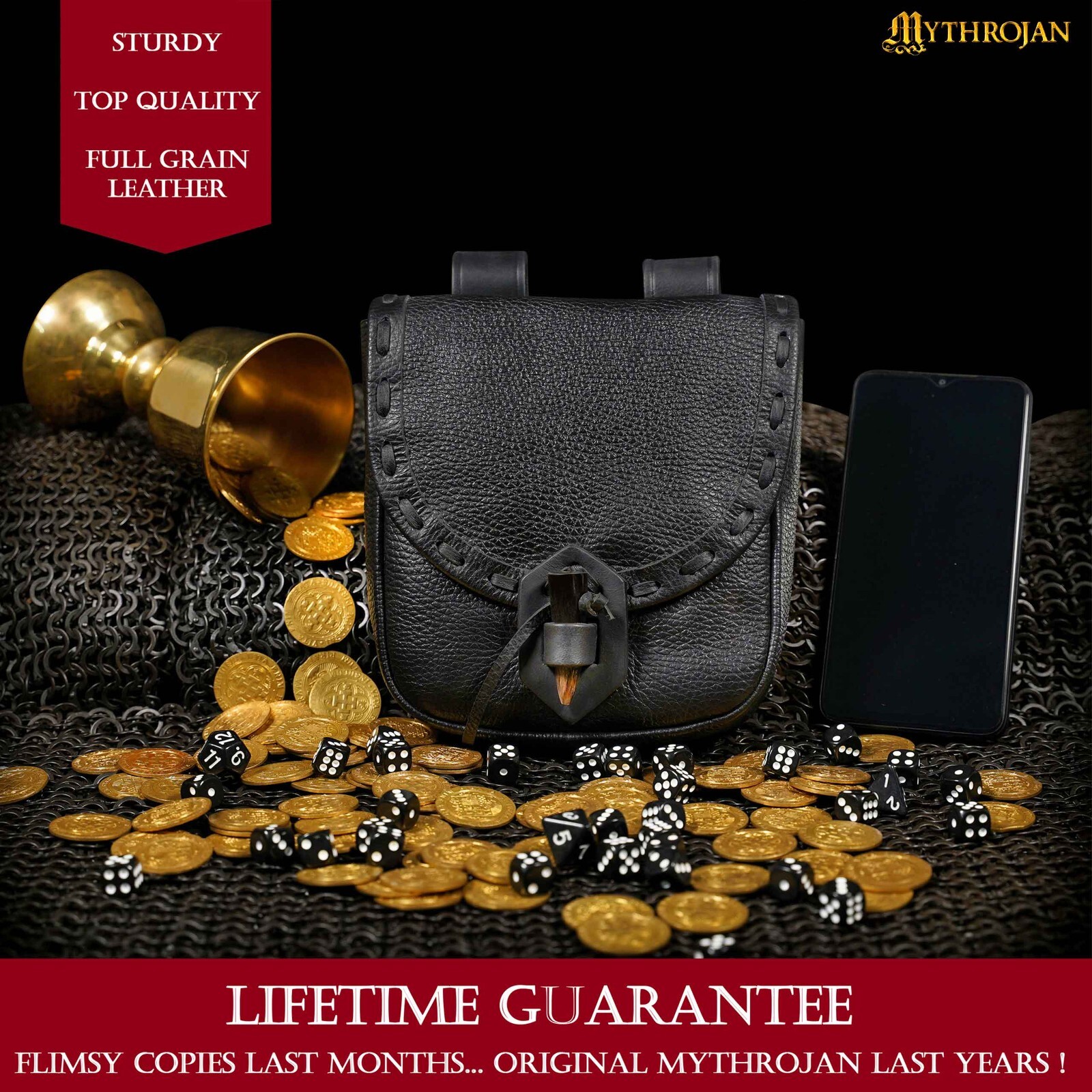 Medieval Leather Belt Pouch Renaissance Waist Pouch Costume Accessory - Black