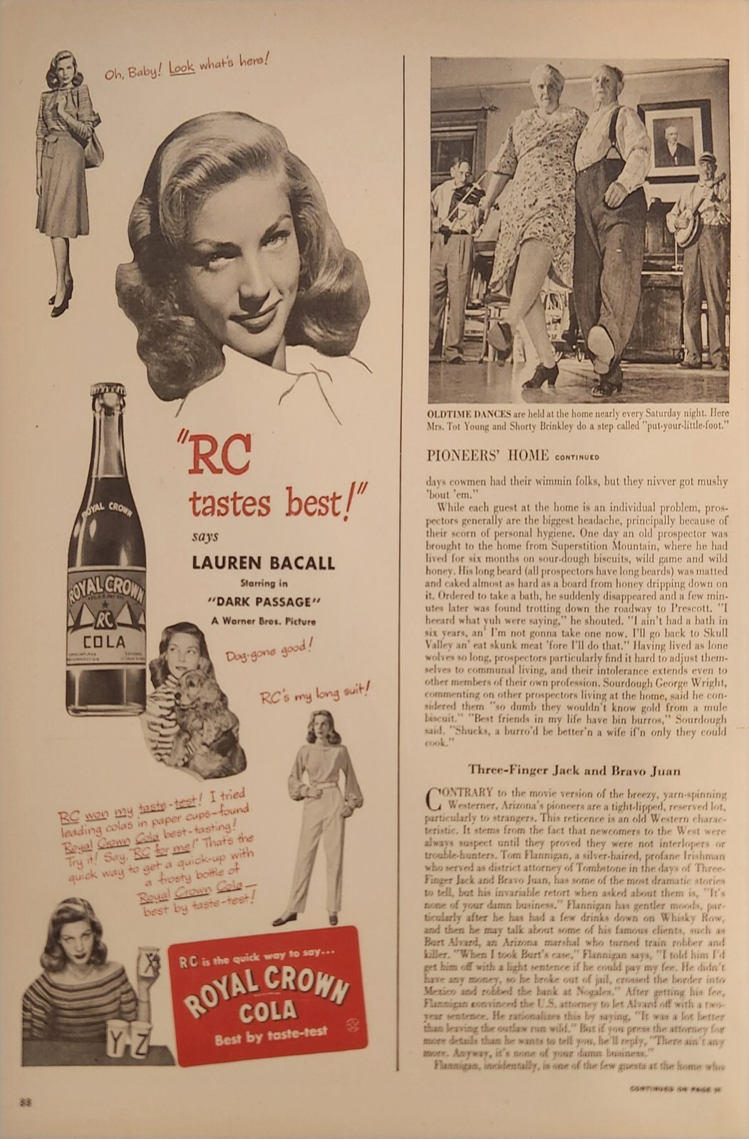 1947 Royal Crown Cola Soda Pop Vintage Ad Lauren Bacall