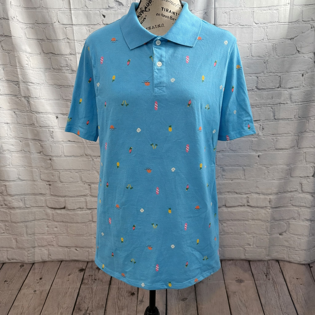 Cat & Jack Boy Polo Shirt XXL 16/18 Husky Blue Tropical Beach Print Cotton Blend