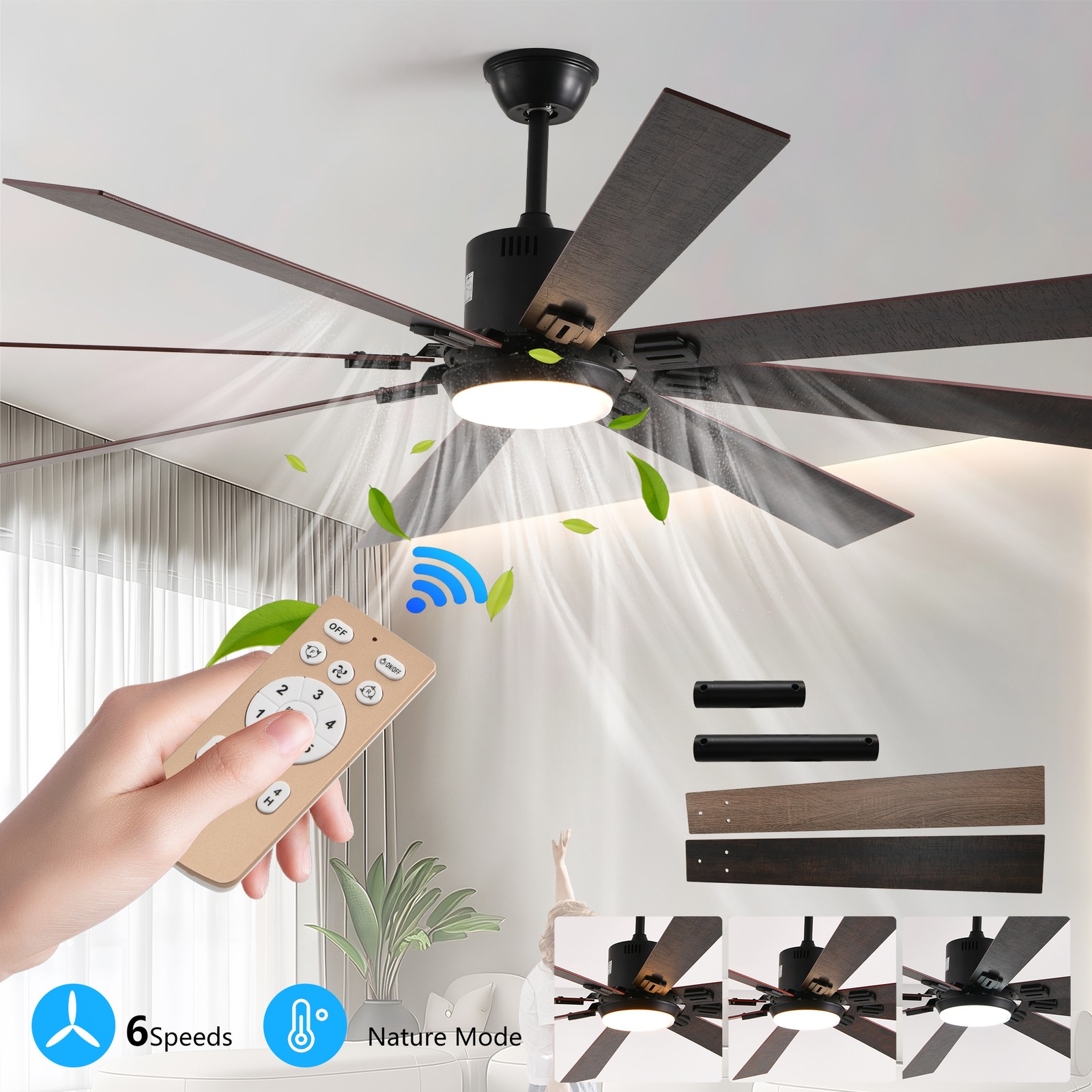 72 in Walnut Black Ceiling Fan with Light, Remote, Reversible Motor