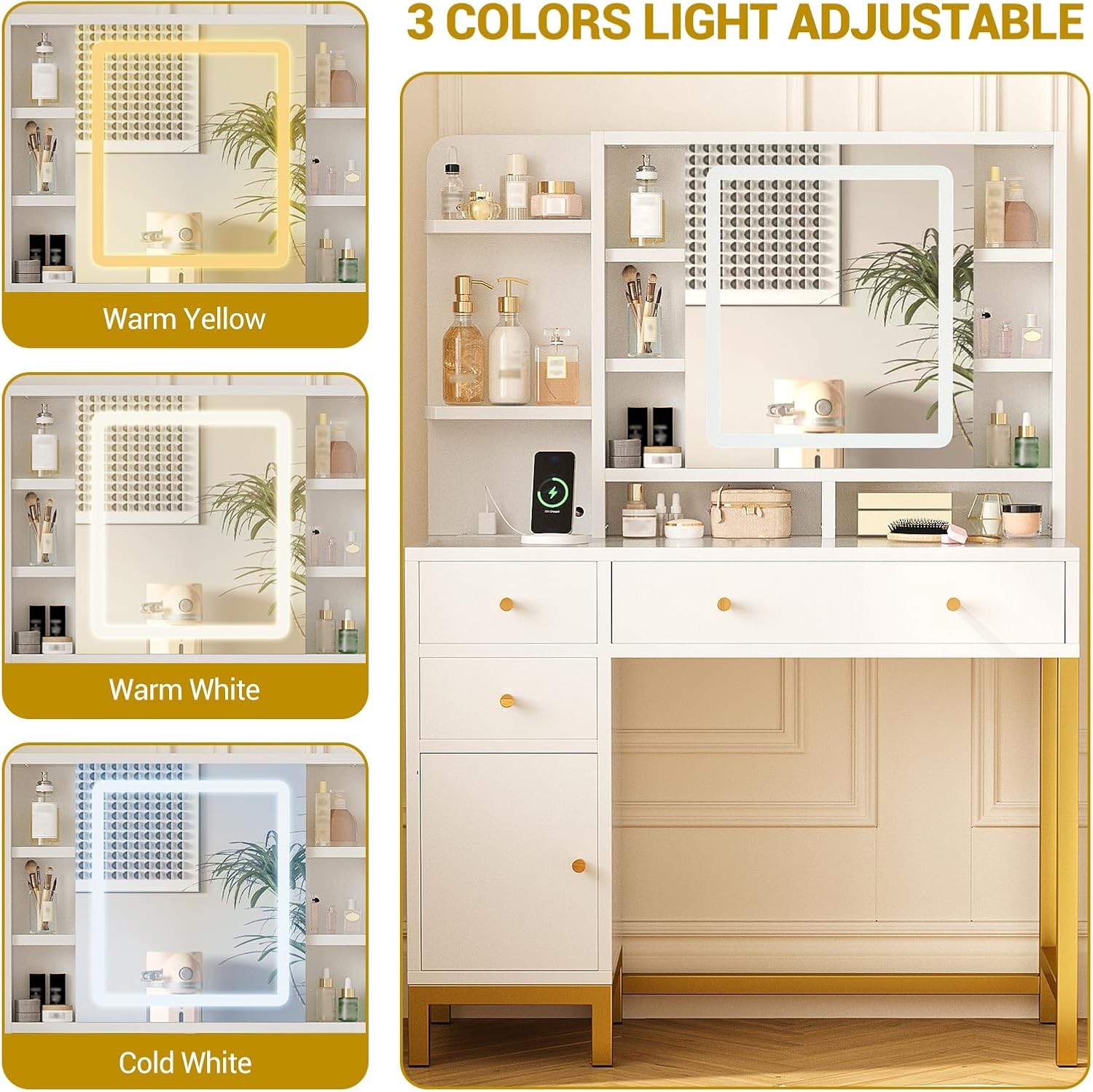 White Vanity Desk w LED Mirror, Makeup Table with Lights, Power Outlet & Storage