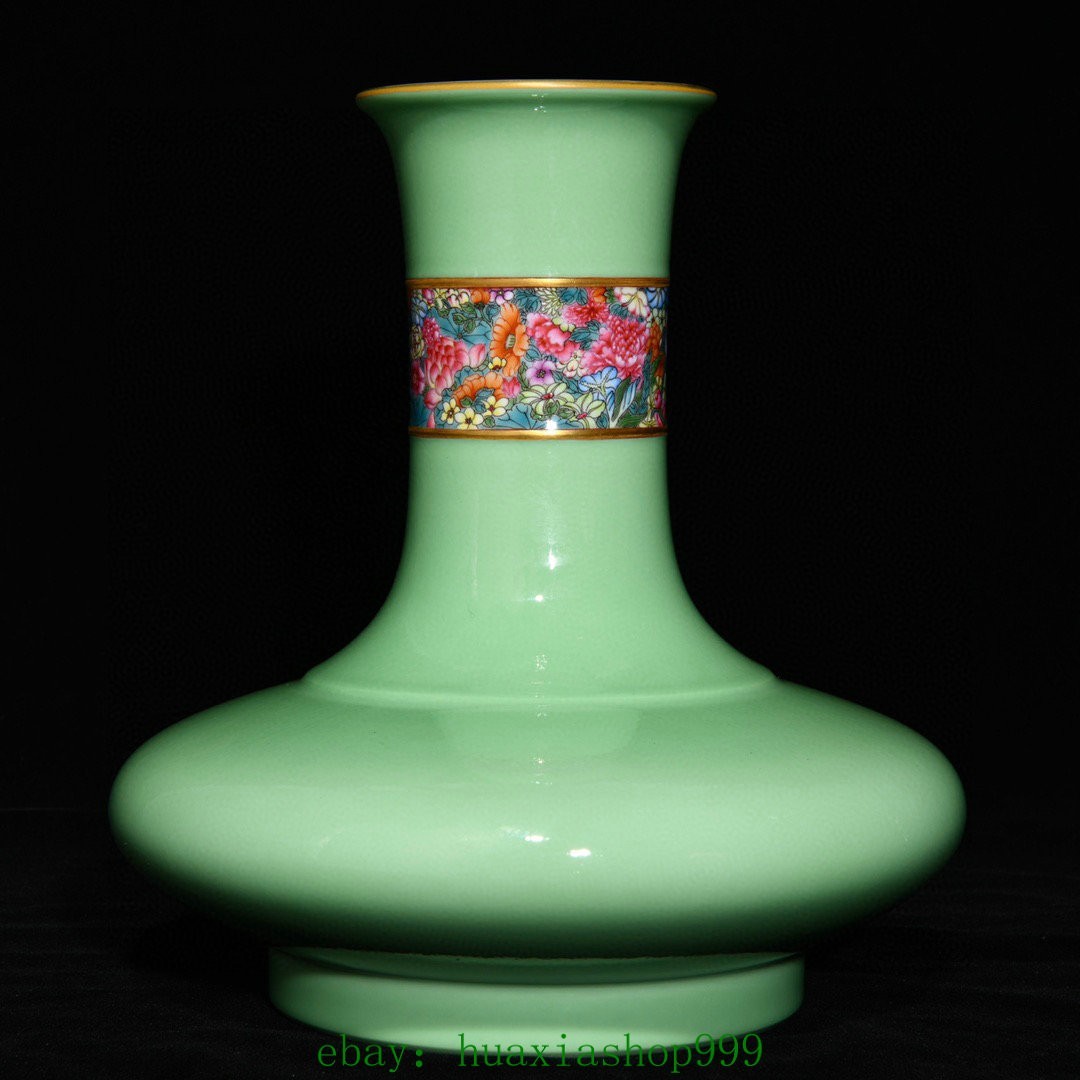 9.2"Old Green Glaze Famille Rose Porcelain Gilt Flower Pattern Bottle Vase