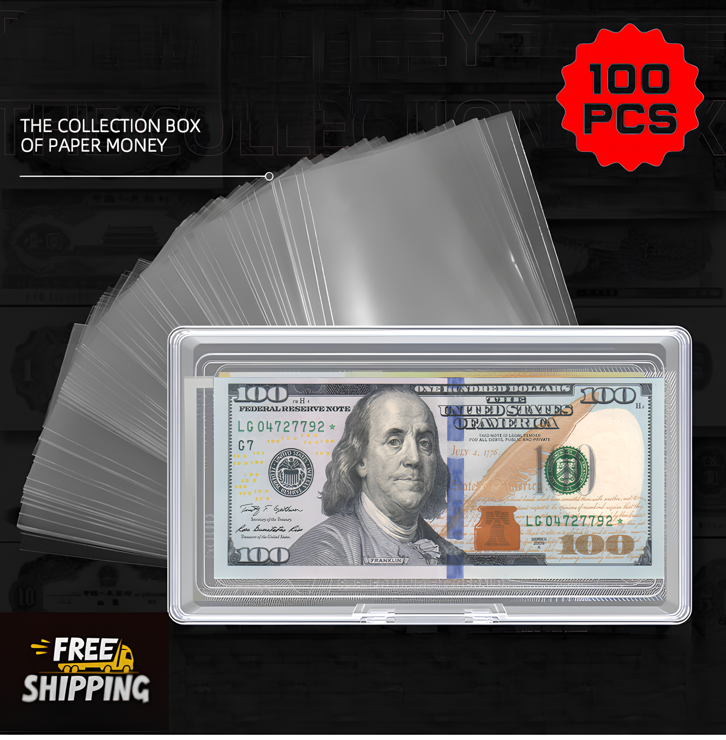 100Pcs Clear Paper Money Sleeves & Holders with Storage Case for Dollar Bills