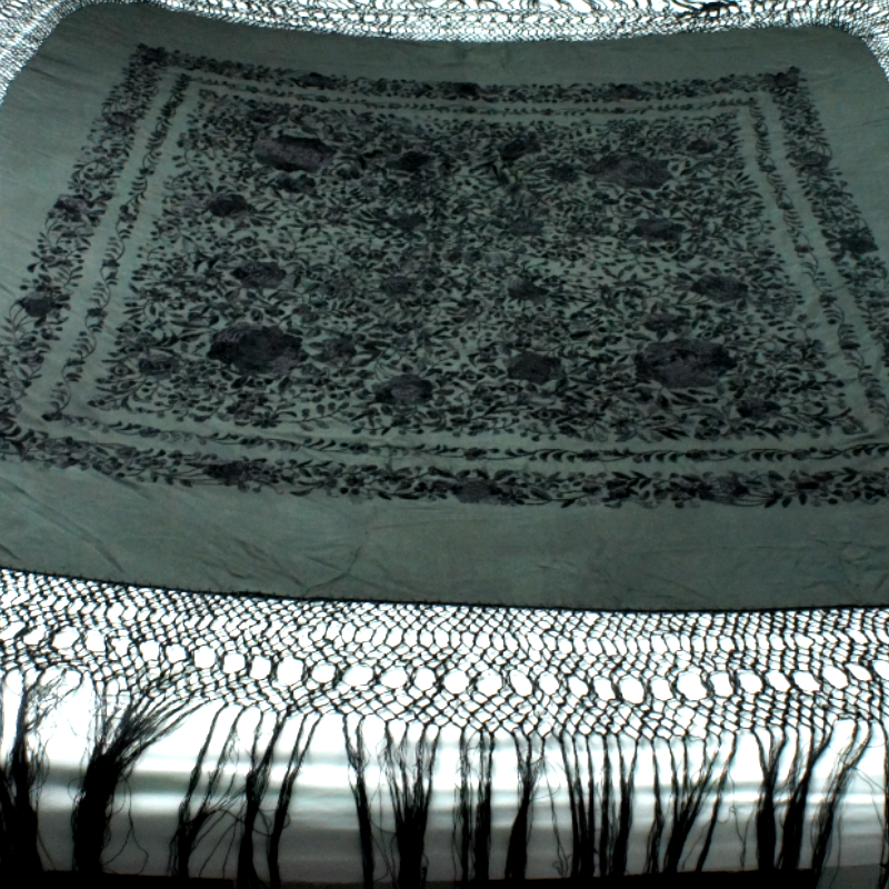 Antique Silk Shawl Wrap Piano Scarf HAND EMBROIDERED FLORAL WITH FRINGE 51"inch