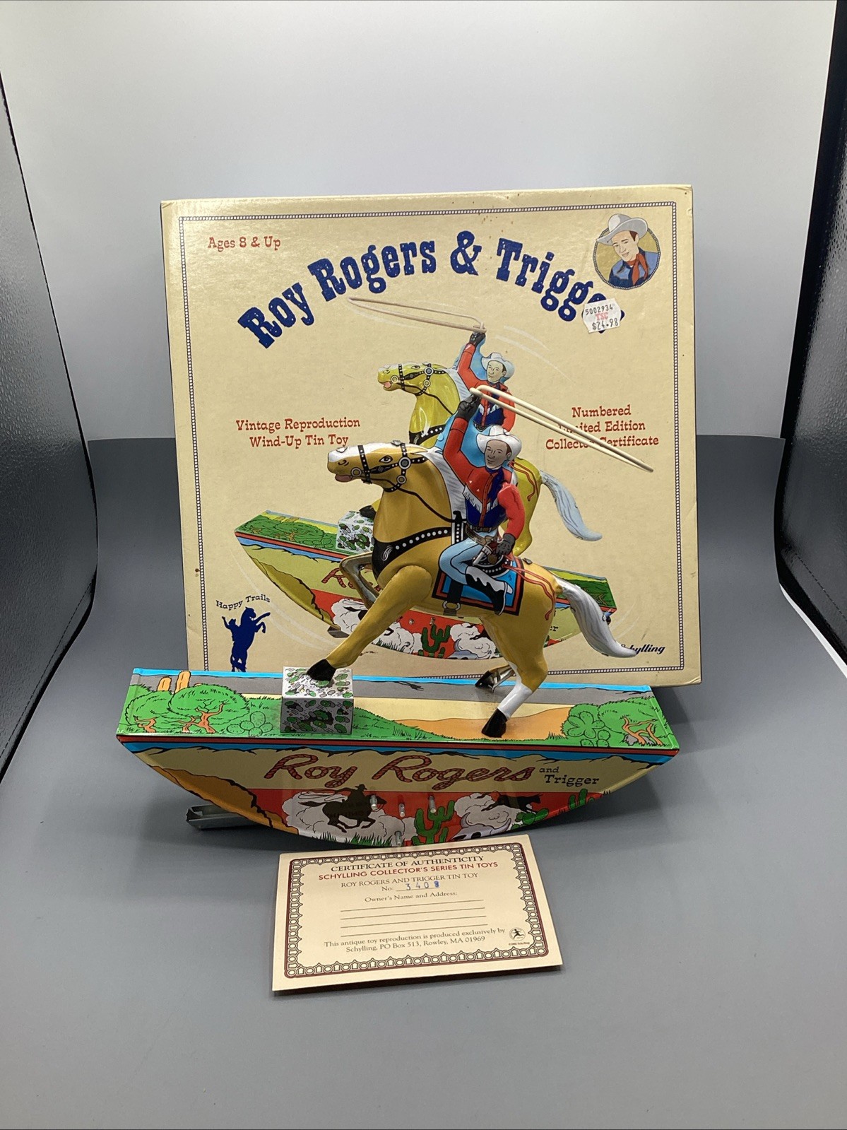 Schylling Vintage Reproduction Roy Rogers & Trigger Tin Wind-Up Toy W/Box