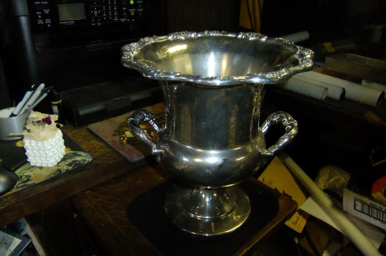 large silver plated ice bucket wine cooler pedestal trophy cup -by Towle