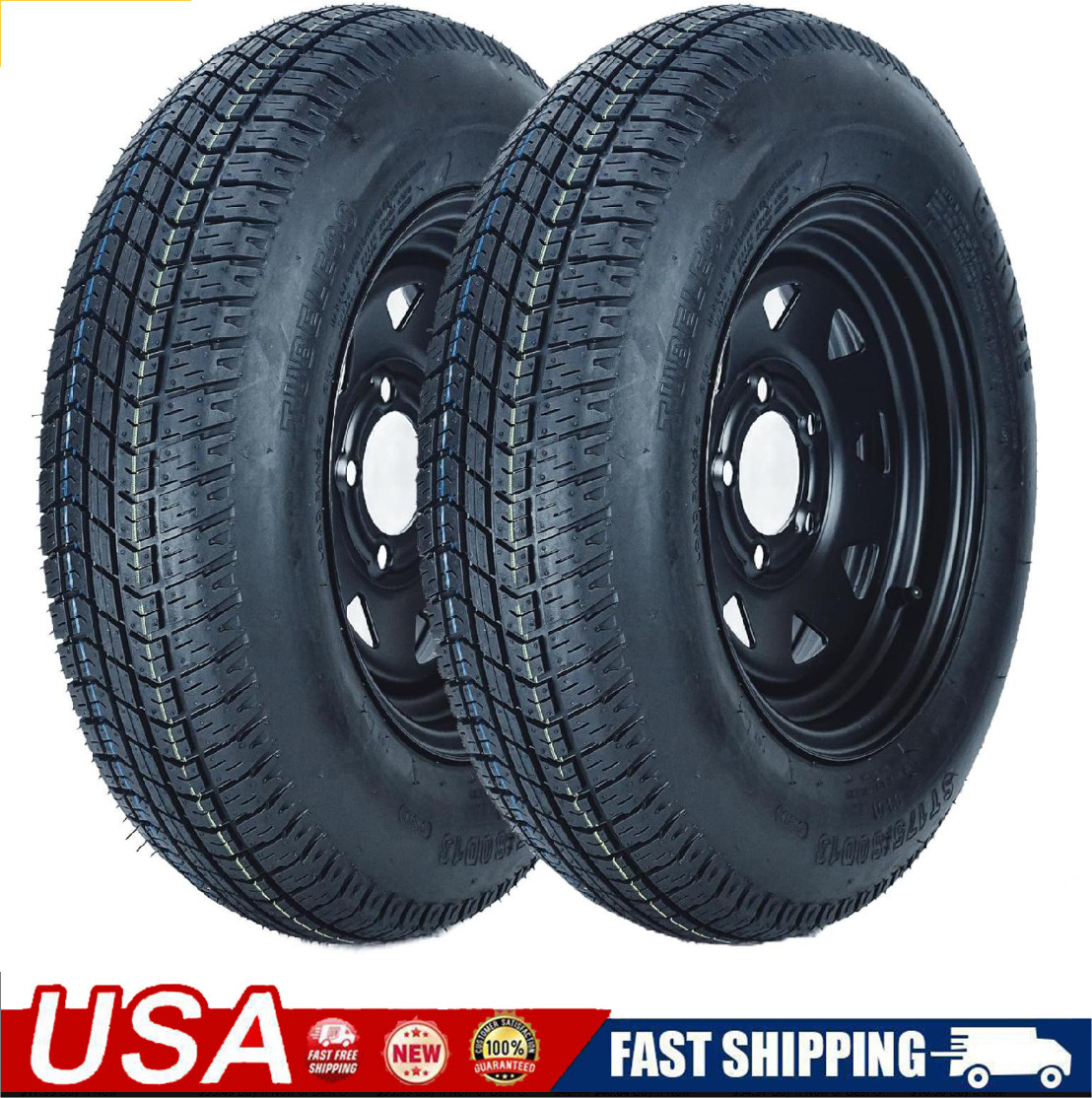 2 Pack ST175/80D13 Trailer Tires with 13" Rims 175/80 D 13 5 Lug on 4.5 Black