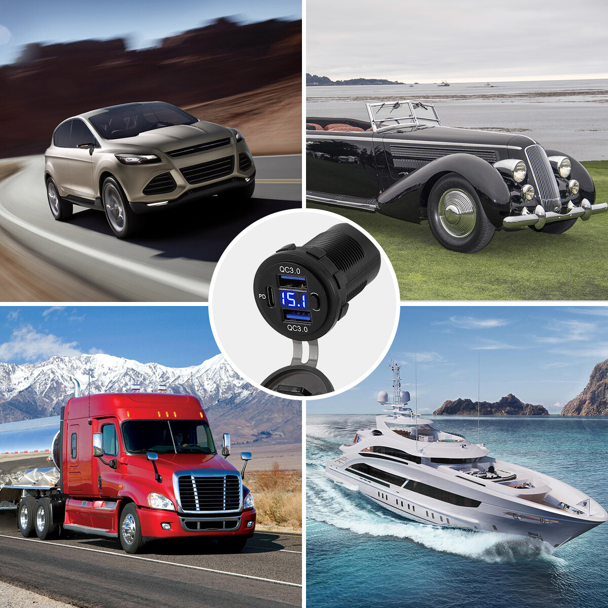 12V-24V PD + QC3.0 Dual USB Car Fast Charger Power Socket Outlet LED Voltmeter