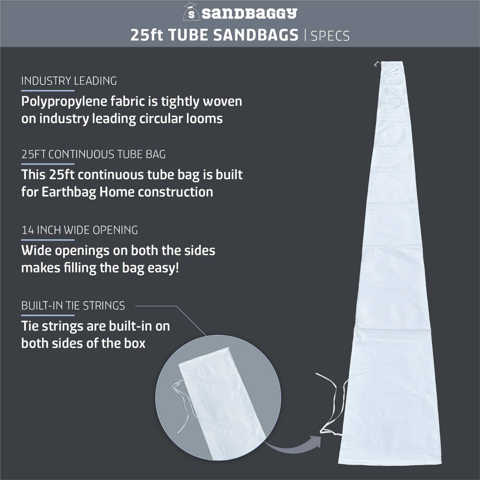 Sandbaggy Empty Tube Sandbags | Build Earthbag Homes FASTER | 6, 12, & 25 ft