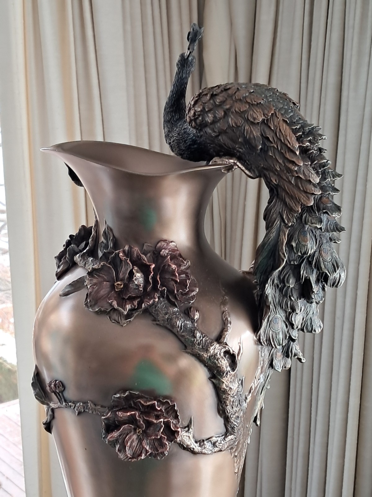 Bronze Style Prunus And Peacock Large Decorative Flower Vase ~ 19.5" Signed