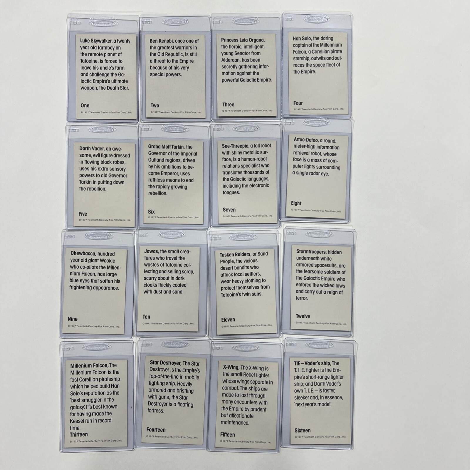 1977 Star Wars Wonder Bread Card Set 1-16 Near Mint / Mint NM/M Luke Leia Han