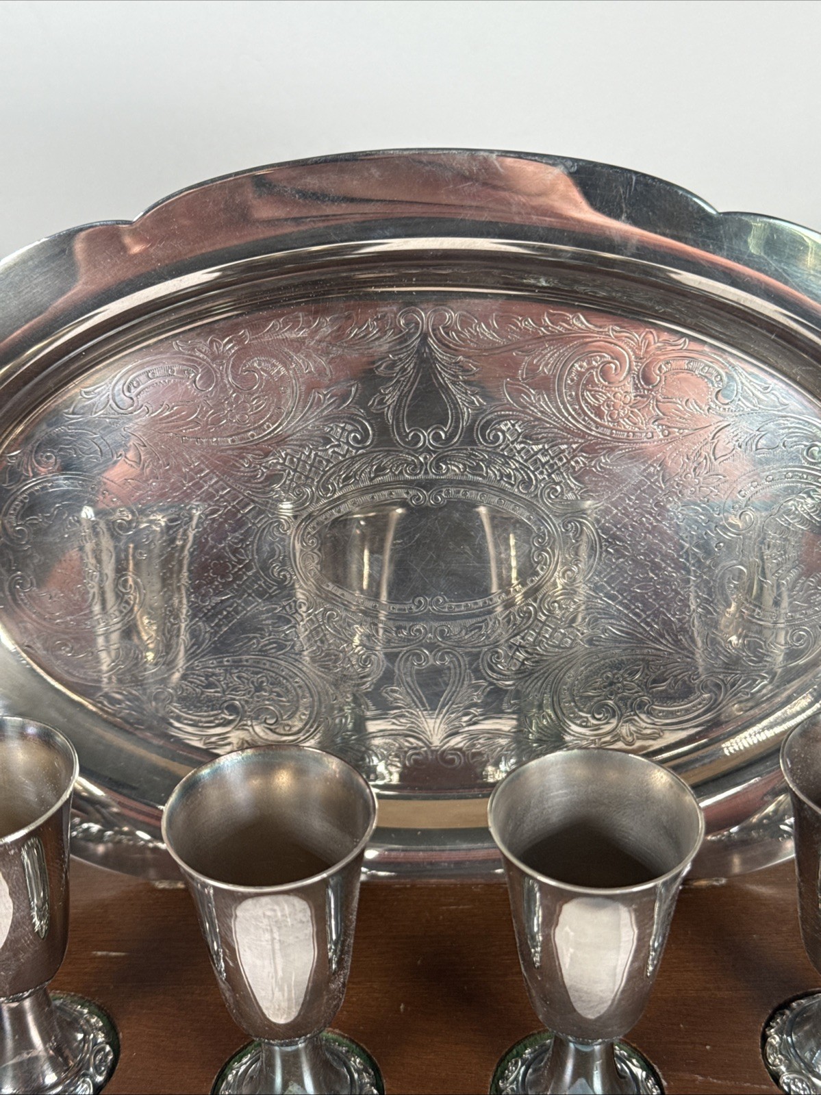 6 Wallace Cordials Shot Cups W/Wallace Baroque Silverplated Tray*