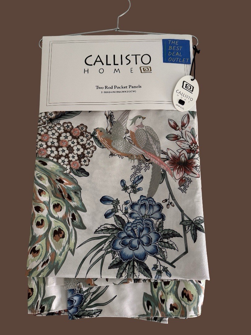 CALLISTO Window Curtains 2 Panels 38” X 84" Peacock Birds Drapers Back Top Ivory