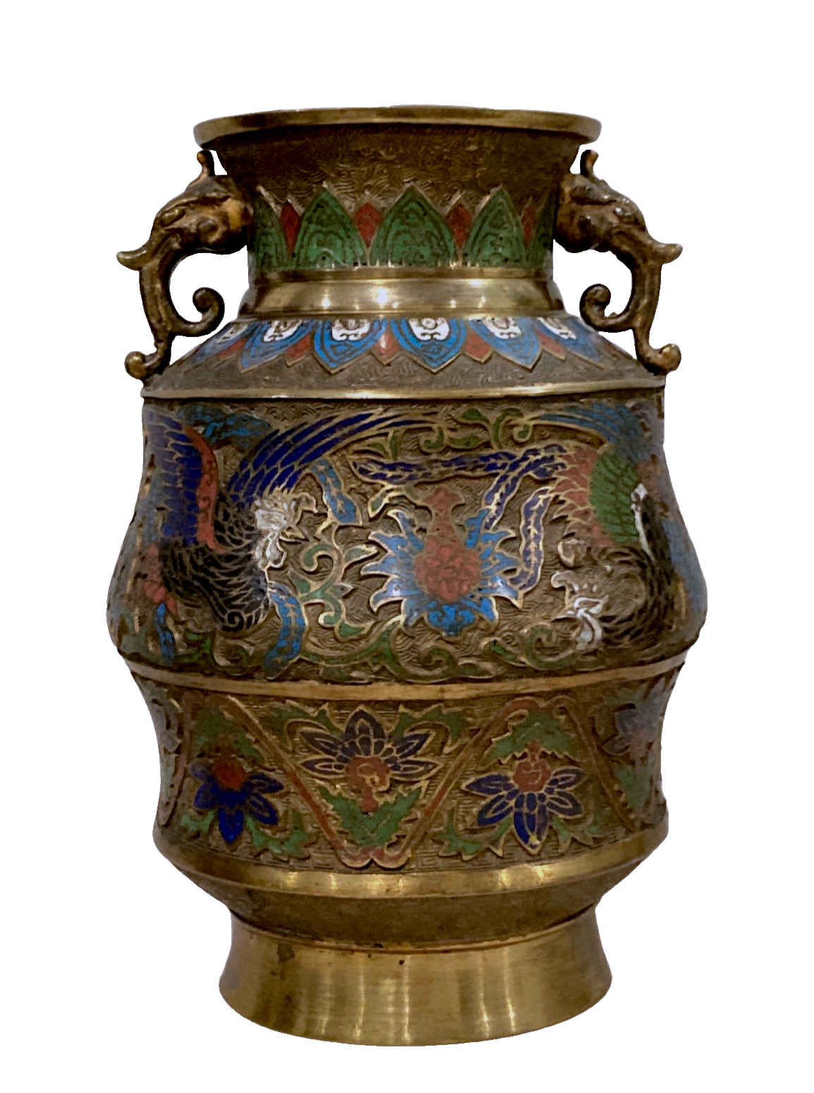 Antique Vintage Rare Shape Lrg Japanese Champleve Cloisonne Enamel Handled Vase