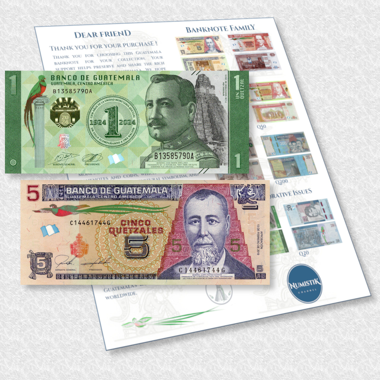 Guatemala 1 Quetzal -Commemorative-  & 5 Quetzals 2019 UNC Banknote Set