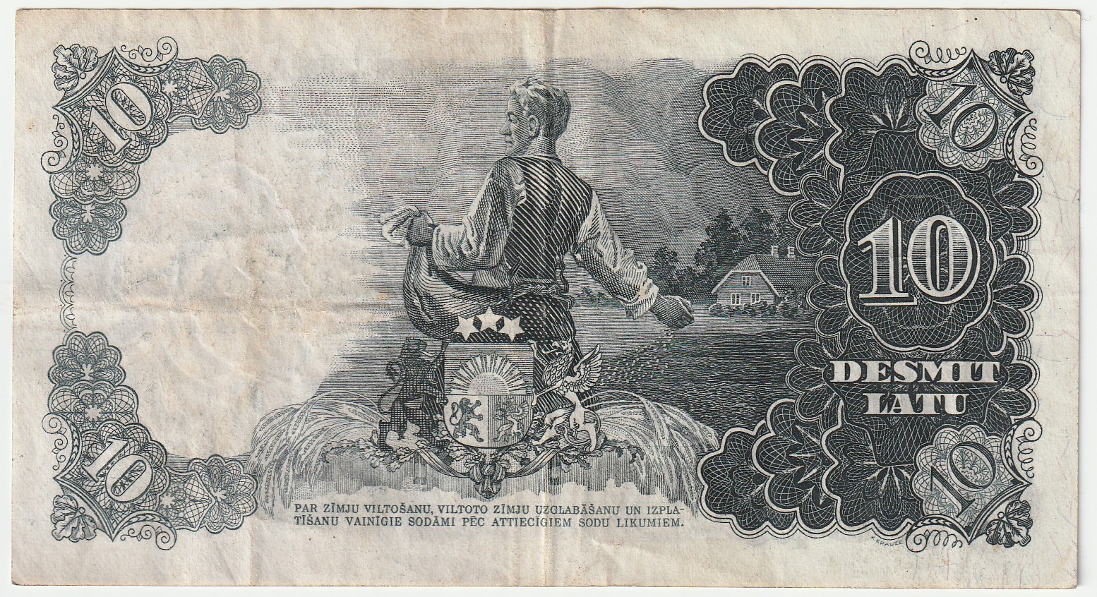 Latvia 10 Latu Banknote 1937 Very Fine Grade-20 Pick#29-A