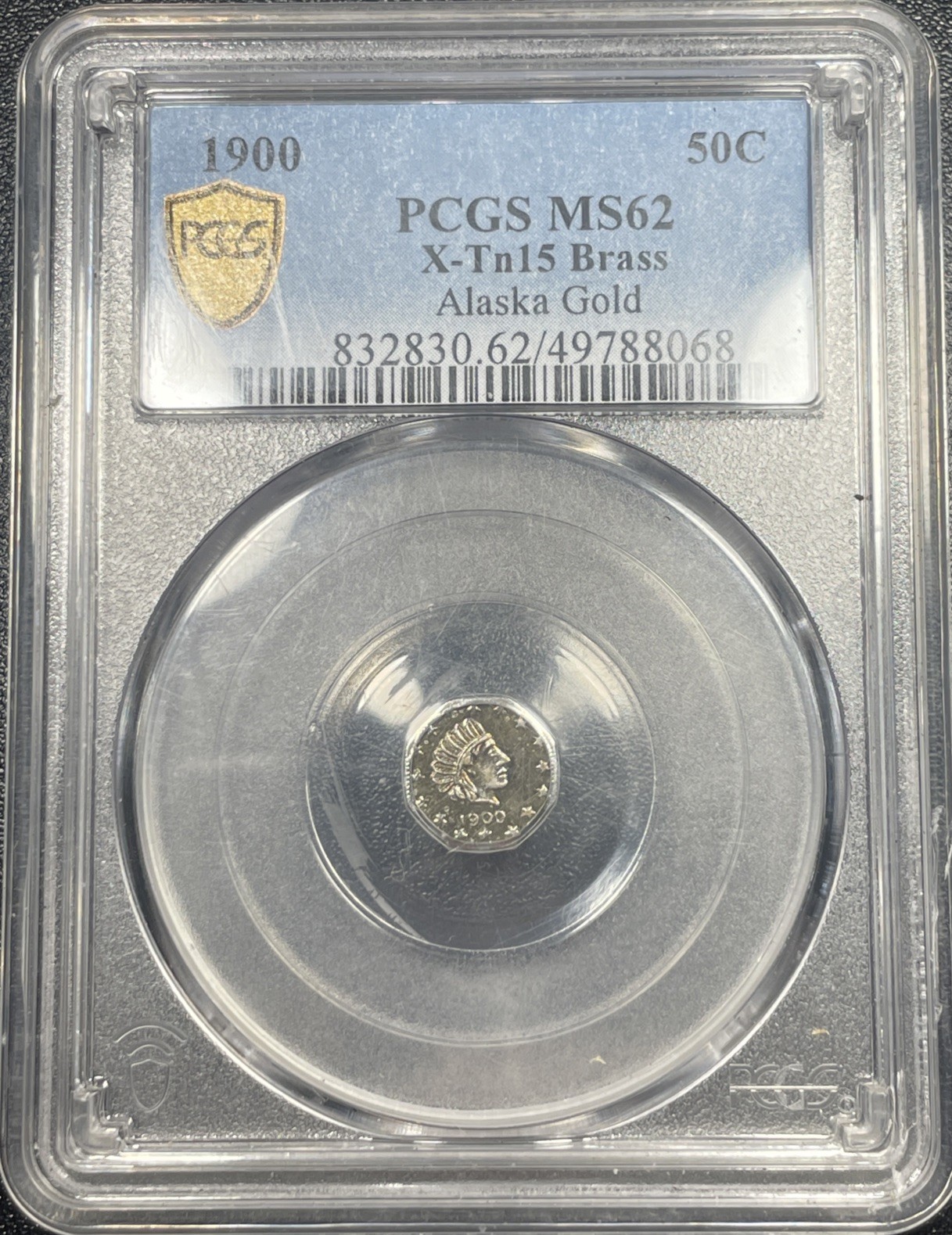 1900 Alaska Gold 1/2 Dollar 50C X-Tn15 (Brass) PCGS MS62 Token