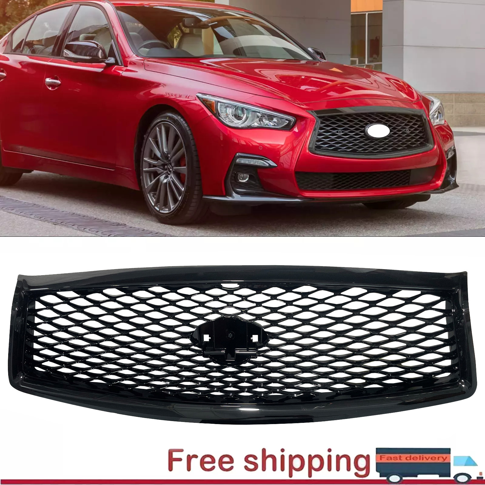 For Infiniti Q50 2014-2016 2017 Front Bumper Upper Grille Gloss Black Grill JDM