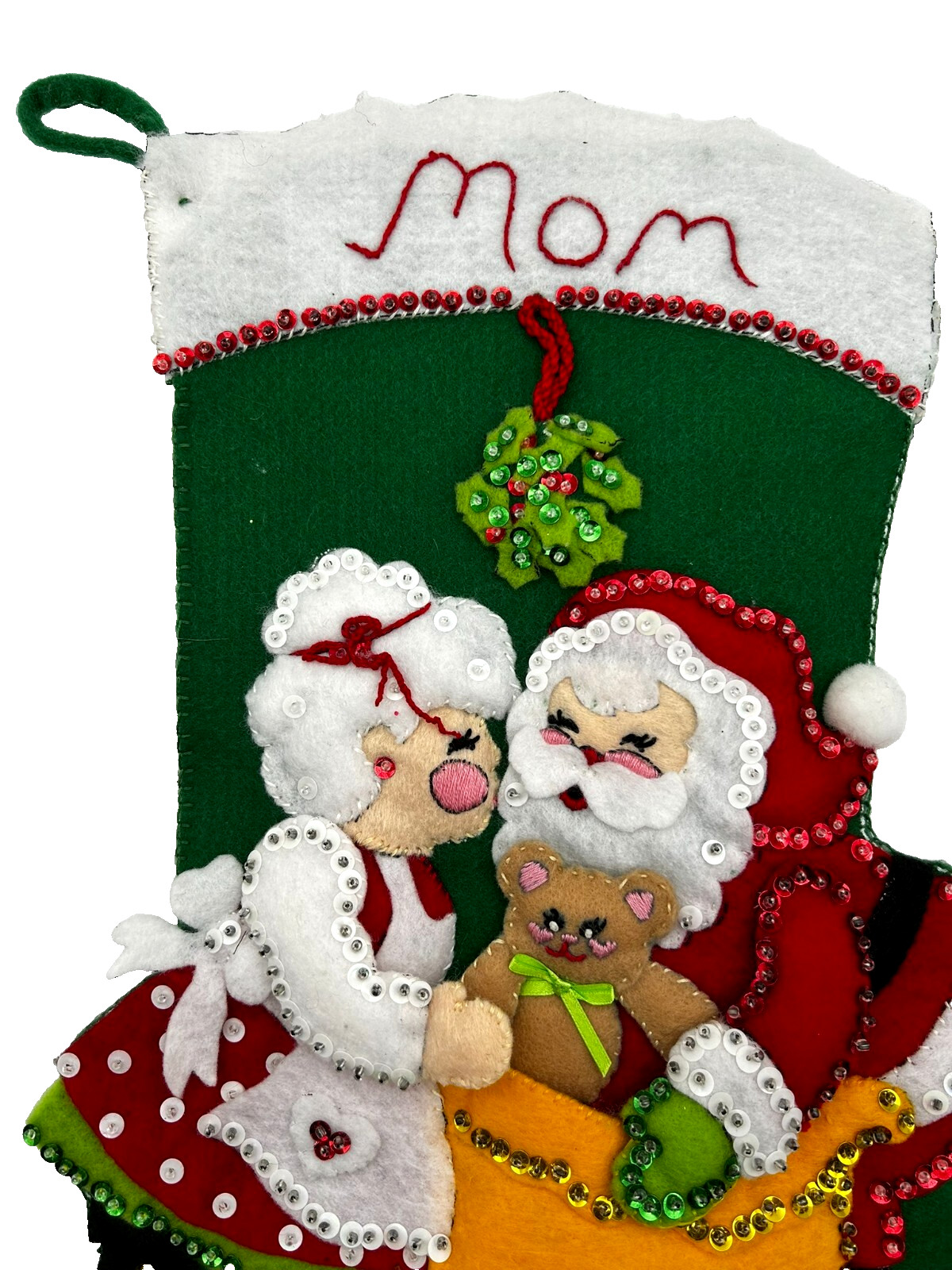 Handmade Completed Bucilla Felt Applique Christmas Stocking MOM Mr. & Mrs. Claus
