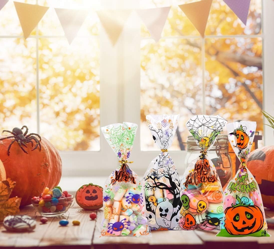 Bolsas de Celofán para Halloween, 200 Bolsas Transparentes para Dulces y Galleta