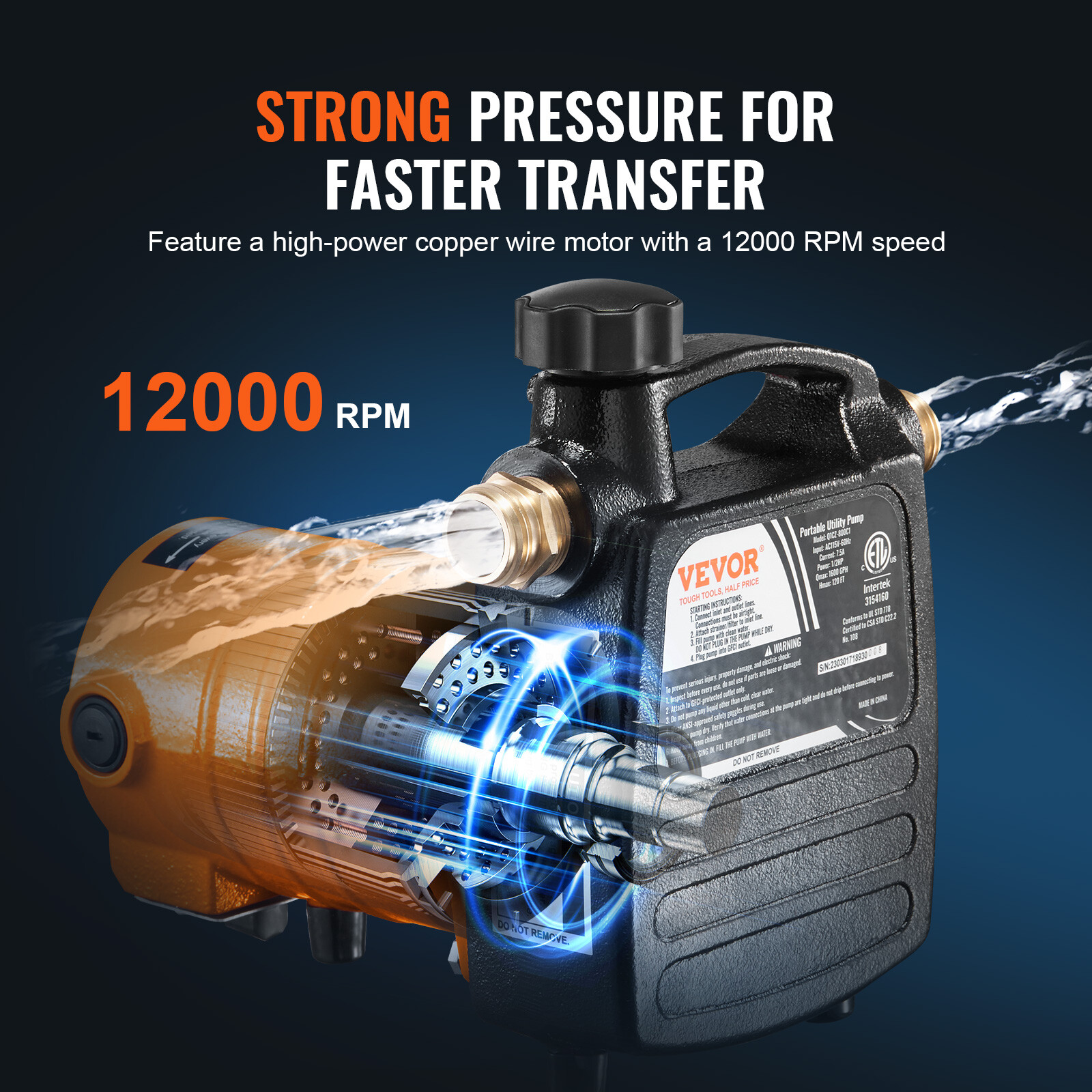 VEVOR 1600 GPH 1/2HP Cast Iron Water Transfer Pump Portable Utility Pump 7.5 Amp