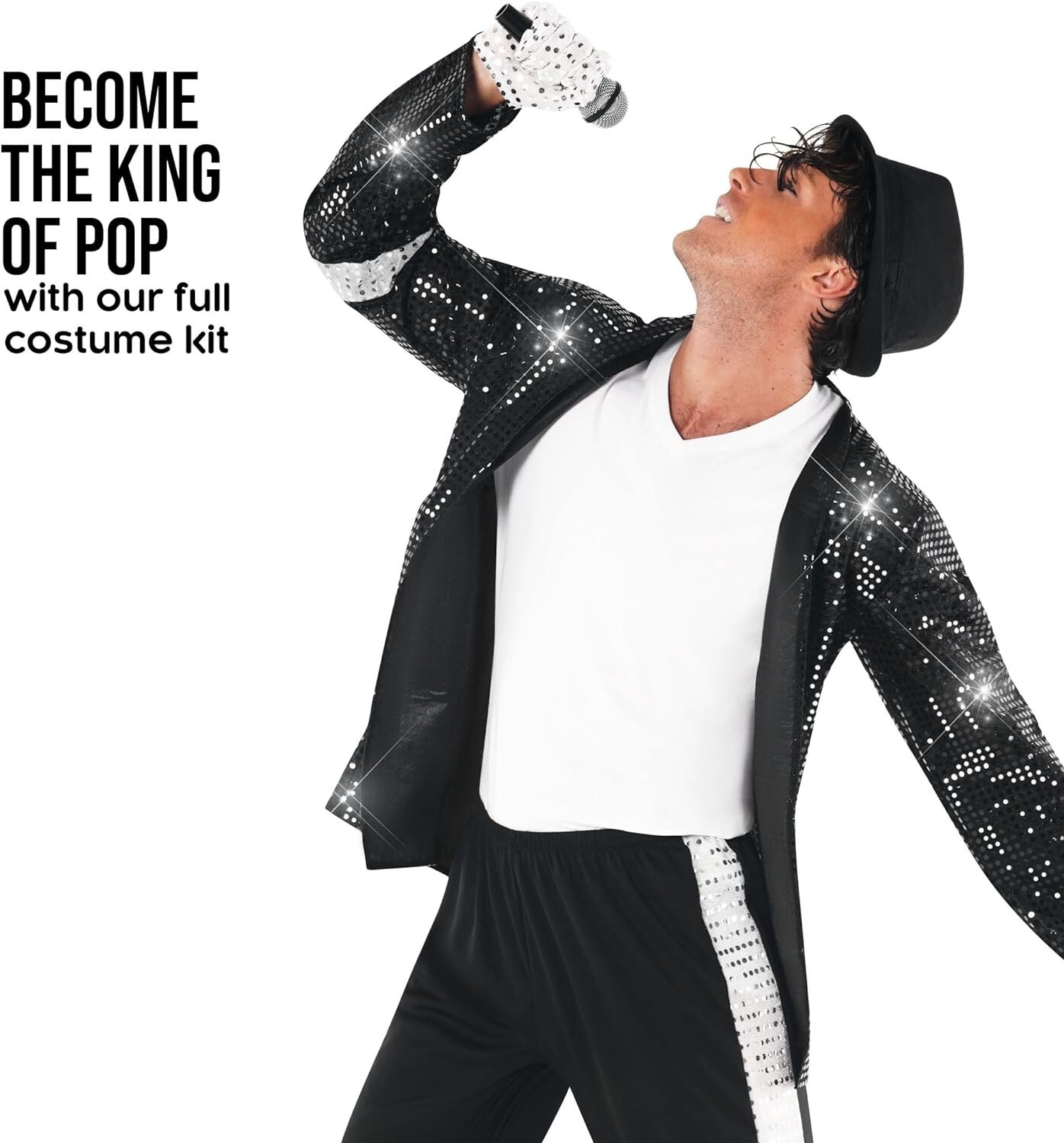 Men`s King of Pop Costume Adult 80s MJ Moonwalking Popstar Black Outfit M - 3XL