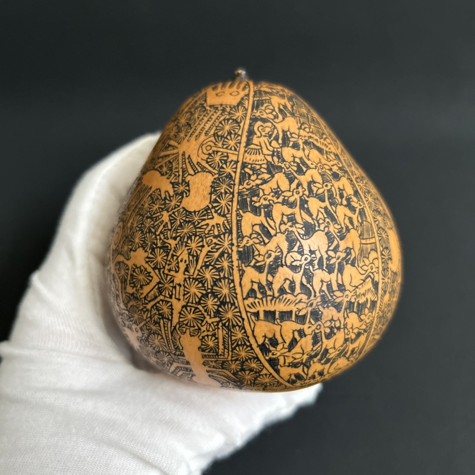 Exquisitely Hand-Carved Natural Gourd with Peruvian Cultural Motifs and Totems