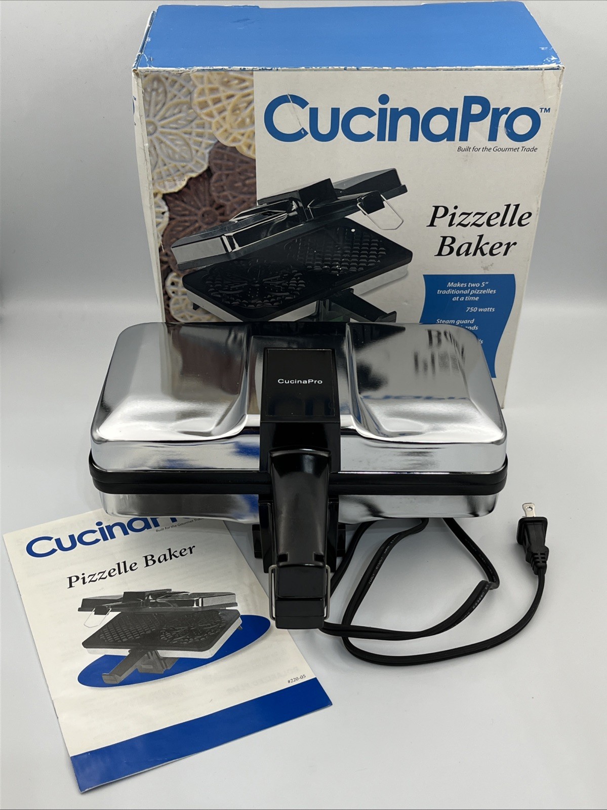CucinaPro Pizzelle Baker 750 Watts Non-Stick Grids Two 5" 220-05NS Open Box