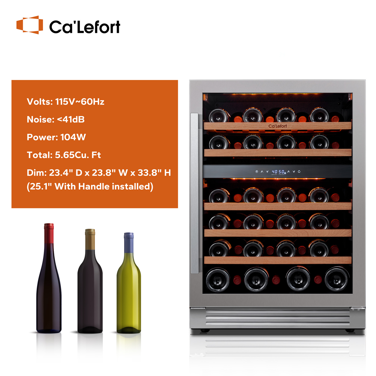 Ca'lefort 24" Wine Cooler Refrigerator 46 Bottles Dual Zone 40-65°F 3 LED Lights