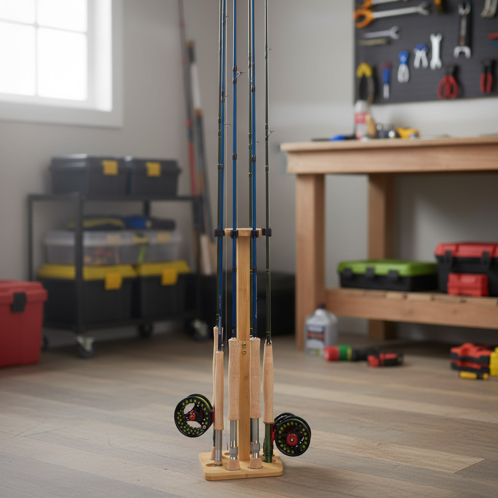 Fishing Rod Holders for Garage Wood Pole Rack Floor Stand Holds up to 8 Rods