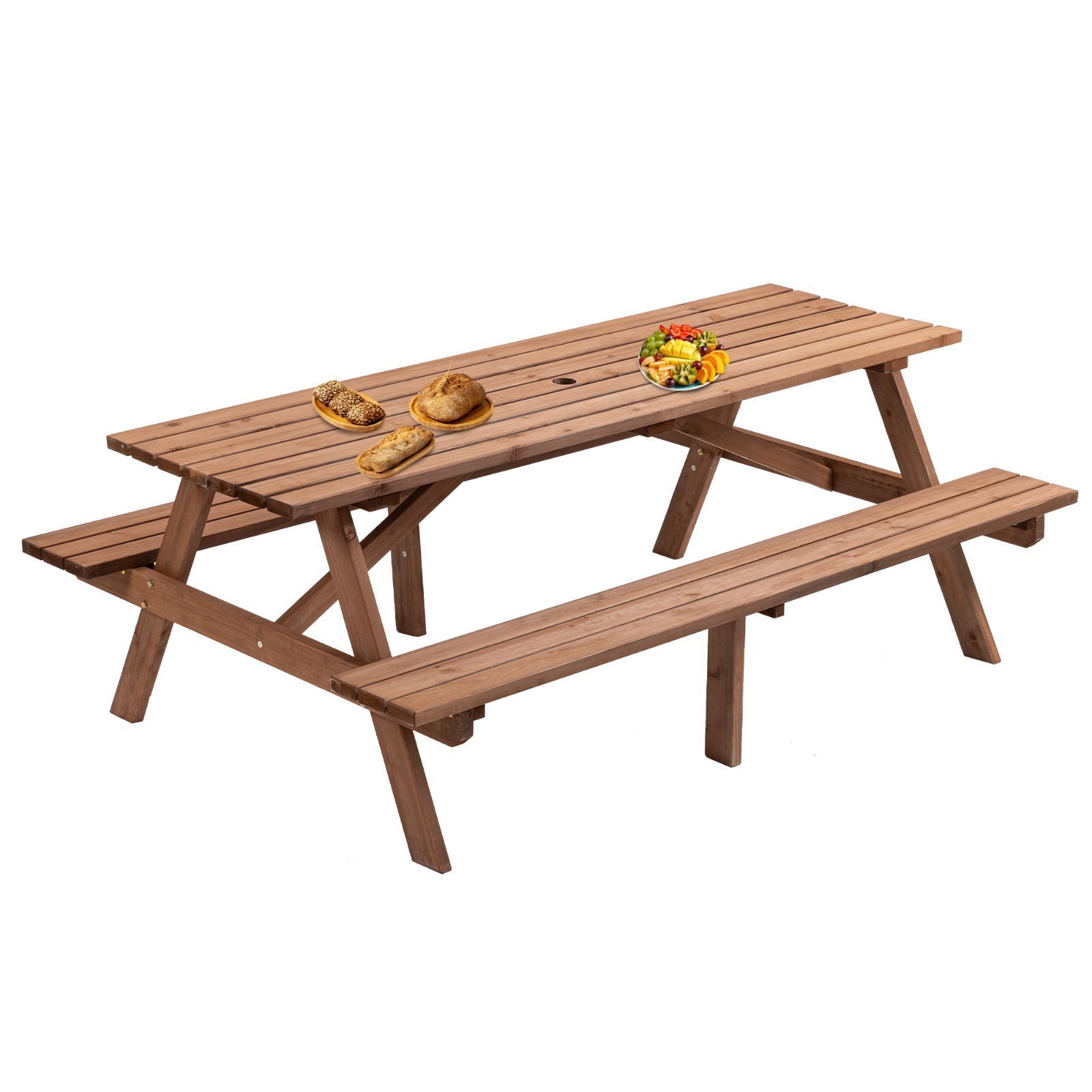 Durable Wooden Picnic Table 8-Seater with Umbrella Hole Weather-Resistant Brown