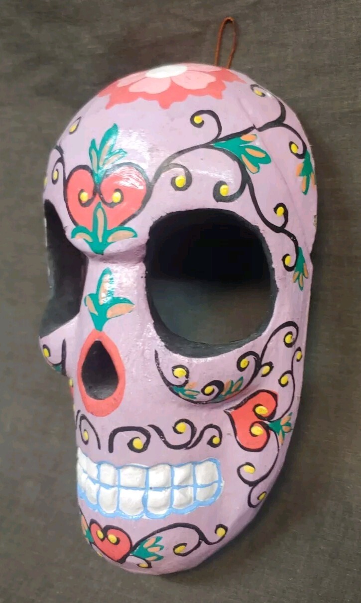 Hand Painted Carved Wall Hanging Sugar Skull Mask Day Of The Dead