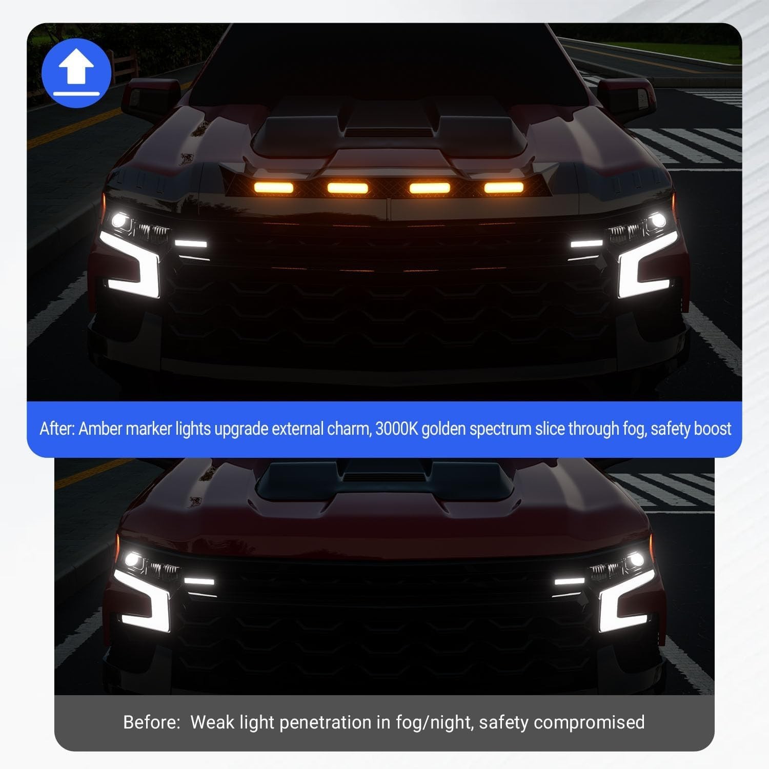 For 2019-2026 Chevy Silverado 1500 Hood Protector with LED Light Hood Deflector