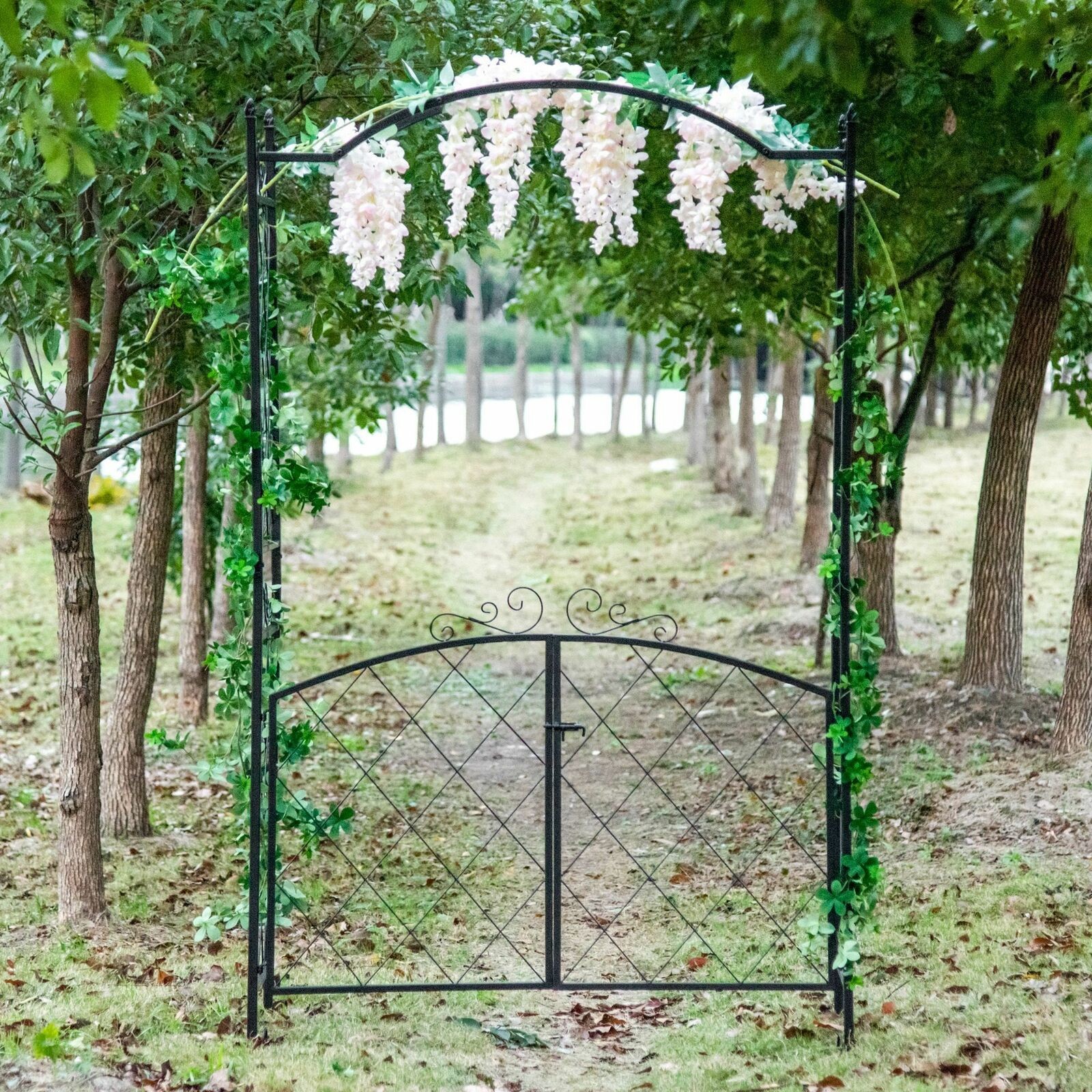 Garden Arbor Trellis with Gate Outdoor Arch Scrollwork for Climbing Plant Vines