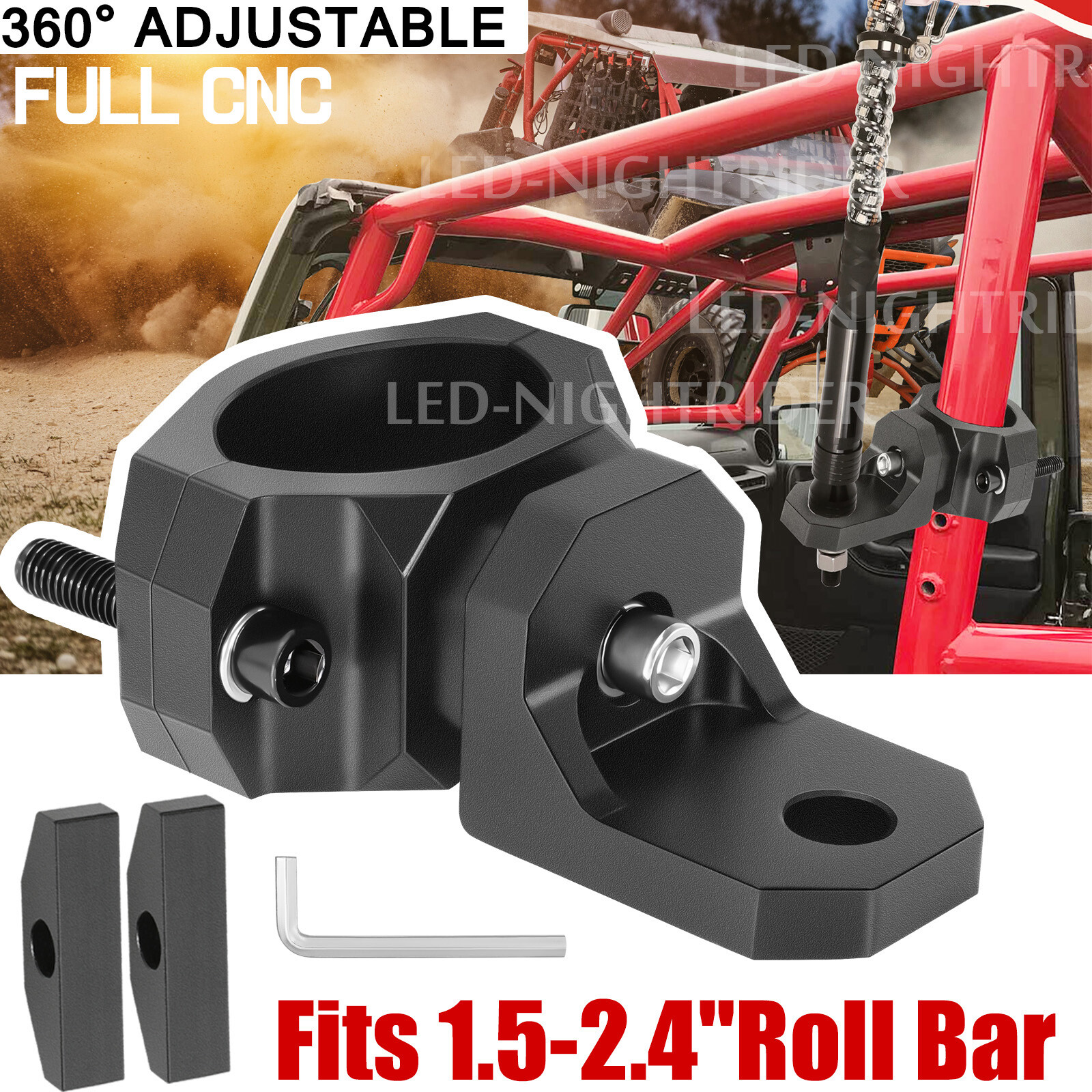 2x For Polaris RZR LED Whip Lights Mounting Brackets 1.5-2.5" Roll Bar Mount UTV