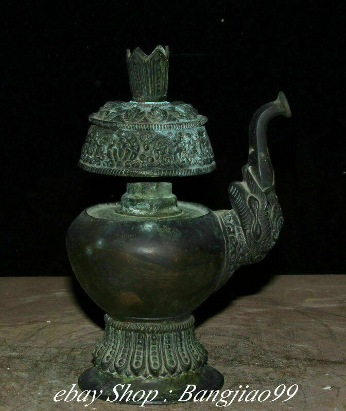 8" Marked Old China Bronze Dynasty Palace Dragon Beast Handle Kettle Pot Flask
