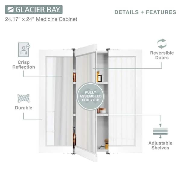 Glacier Bay 24 in. Tri-View Bathroom Medicine Cabinet Mirror White Surface Mount