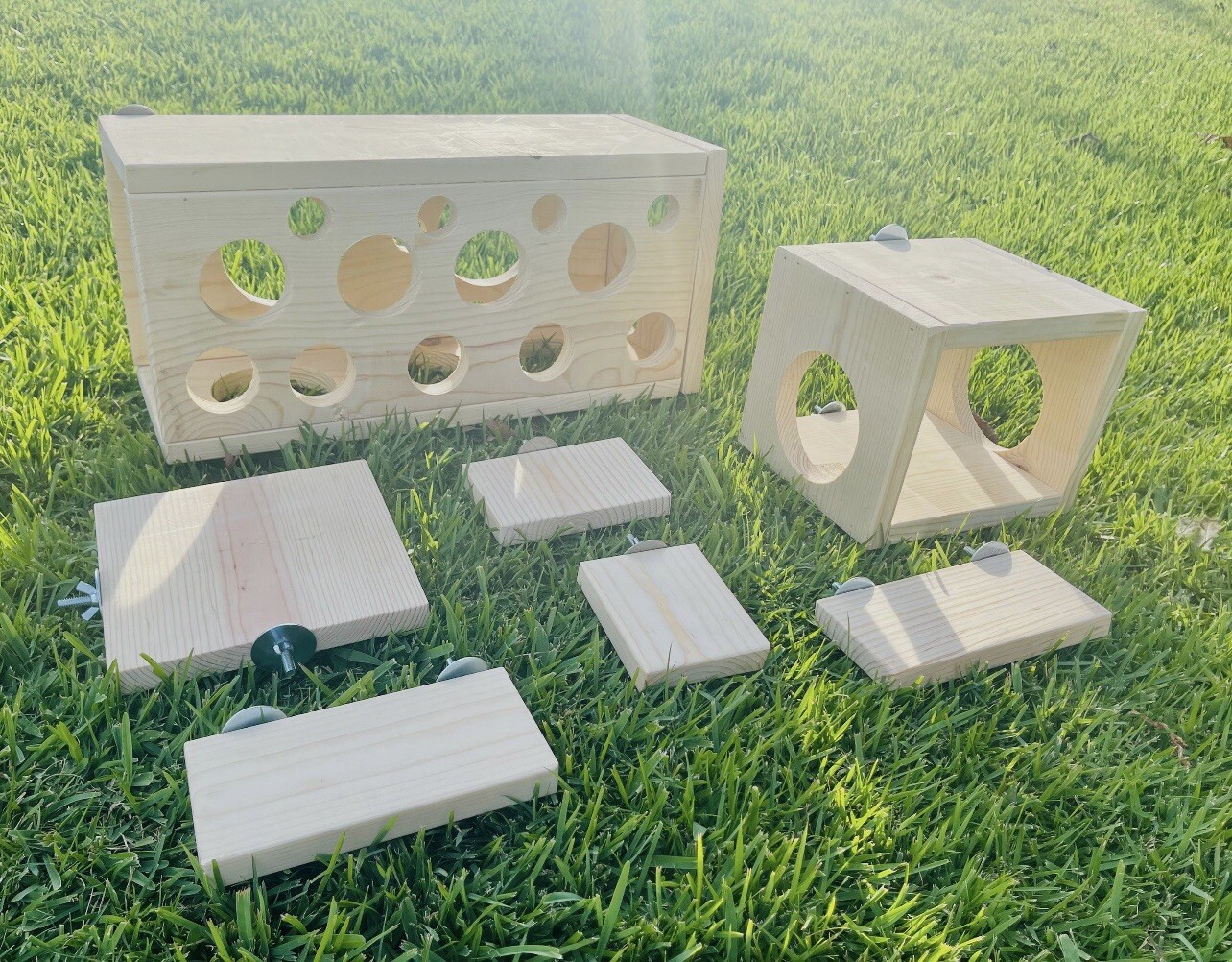 7 Set with Leap Through and Peekaboo Hiedouts & Pine Ledges for Chinchillas Rats