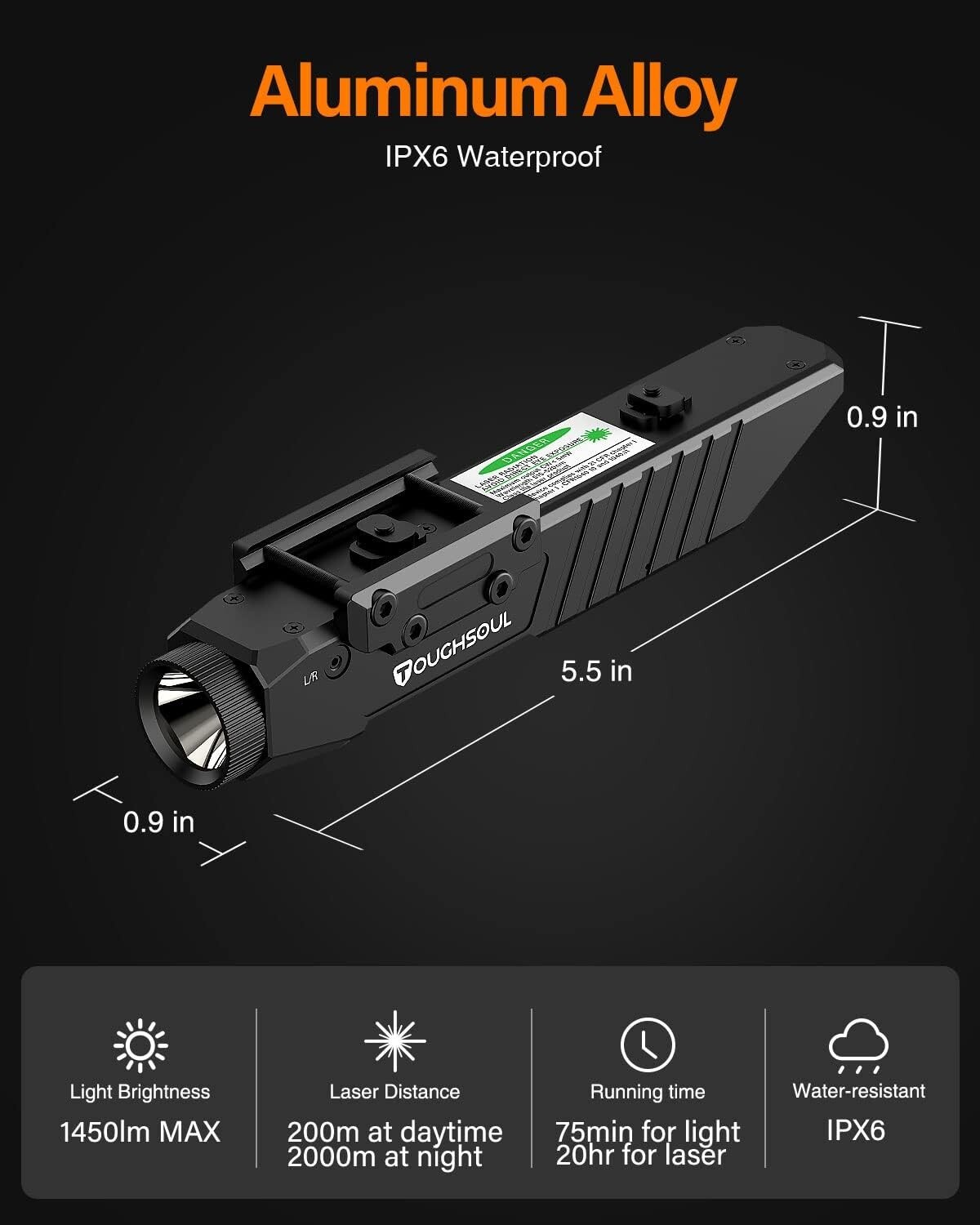 TOUGHSOUL 1450lm Flashlight & Green Laser Sight with M-Lok & Picatinny Dual Rail