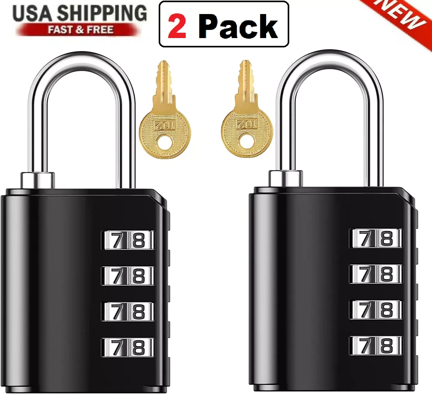 2 Pack 4 Digit Combination Padlock with Keys for School Gym  Locker Waterproof