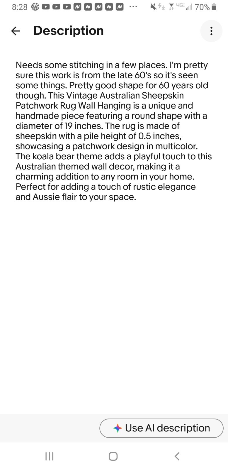 Vintage Austrailian Sheepskin Patchwork Rug Wall Hanging 19" Round Koala Bear