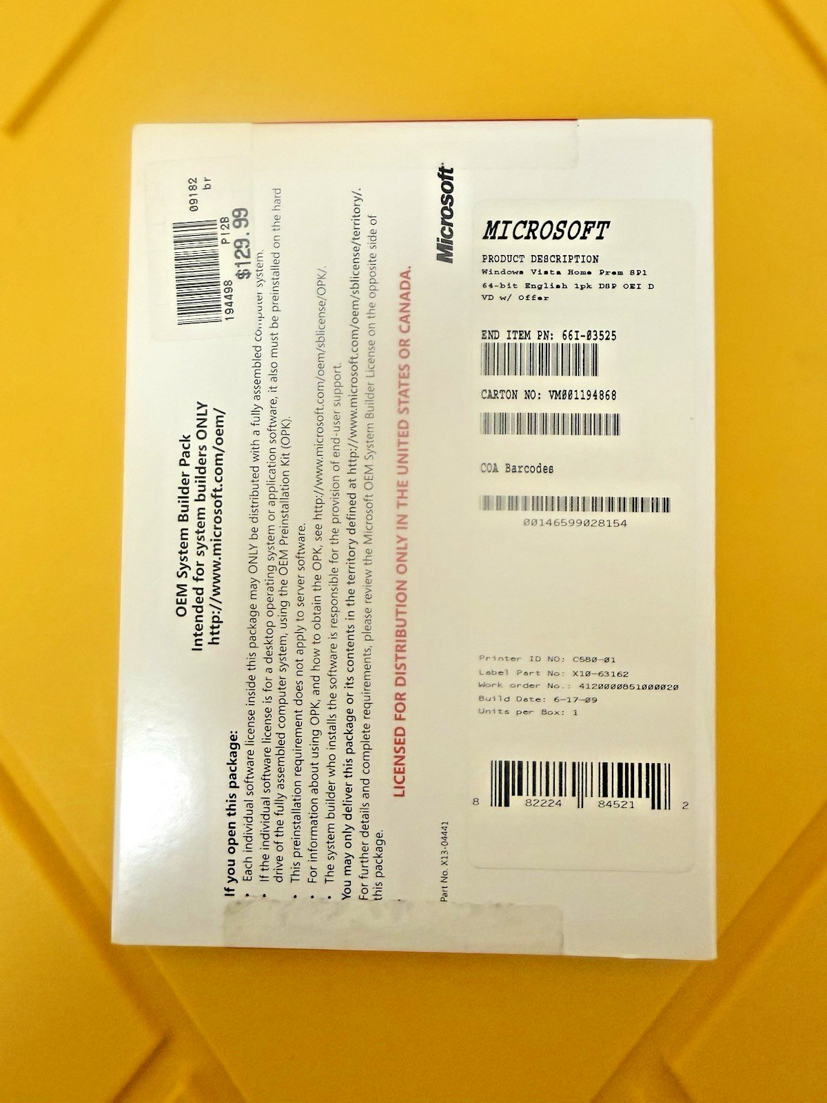 Microsoft Windows Vista Home Premium SP1 64-bit OEM System Builder Pack SEALED